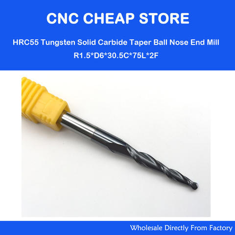 2PCS 6mm*R1.5*30.5*75L,CNC NANO HRC55 solid carbide end mill,woodworking conical cnc router bit,2 flutes taper ball nose ► Photo 1/1