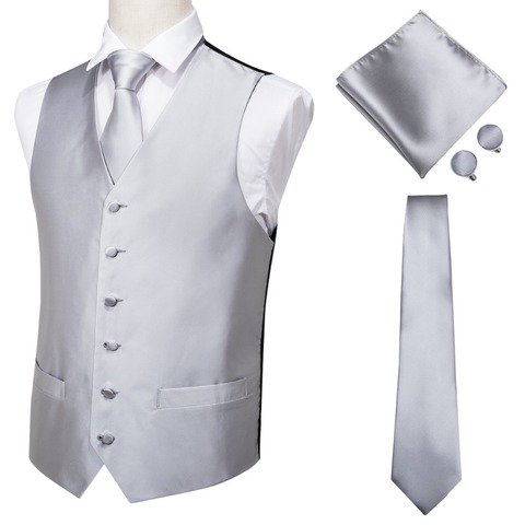 MJ-0001 Hi-Tie Men Vest Silk Waistcoat Vest High Quality Handkerchief Cufflinks Tie Vests Set Silver Grey Solid Vests for Mens ► Photo 1/6