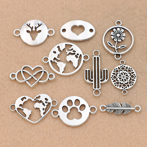 10pcs Mix Antique Silver Plated Map Heart Connector for Jewelry Making Bracelet Accessories Craft DIY handmade Findings 10styles ► Photo 1/6