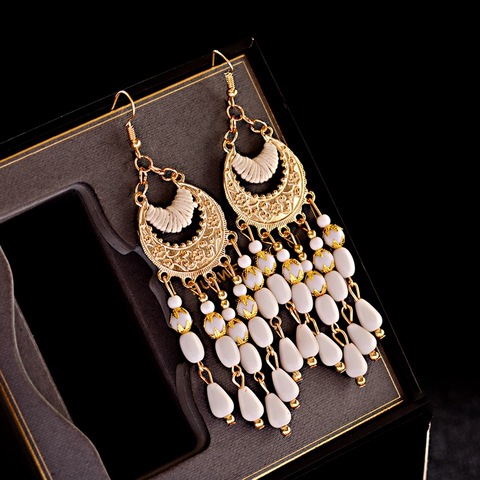 2022 Vintage Ethnic Bohemian White Beads Jhumka Earrings Geometric Metal Tassel Indian Earrings Tibetan Jewelry ► Photo 1/6