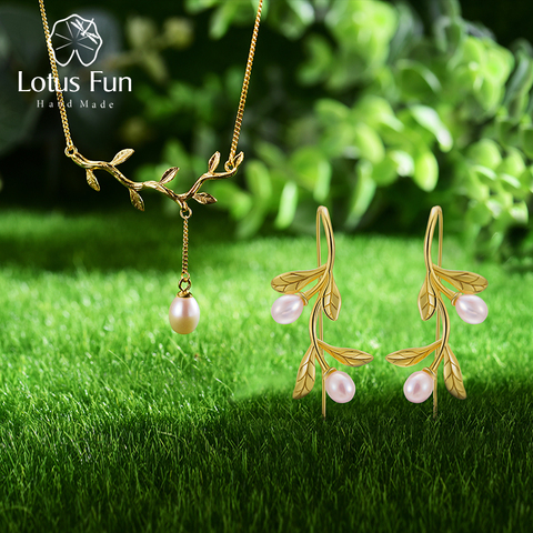 Lotus Fun Real 925 Sterling Silver Natural Pearl Fine Jewelry Waterdrop from Olive Leaves Jewelry Set with Drop Earring Necklace ► Photo 1/6