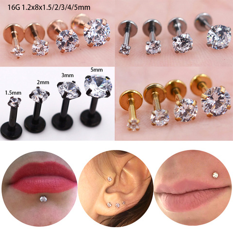 1Pc 1.2x8x1.5-5mm CZ Gem Labret Lip Stud Rings Earrings 16G Ear Helix Lip Piercing Flat Nose Ring Cartilage Tragus Pircing ► Photo 1/6