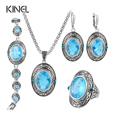 Kinel 4Pcs Women Vintage Jewellery Sets Antique Silver Color Retro Pattern Fashion Blue Oval Ring Wedding Jewelry Crystal Gift ► Photo 1/6
