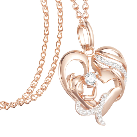 FJ Women Femme 585 Rose Gold Color Mother Baby Shaped Cubic Zircon Pendant Heart Pendant Gift + Optioanl Necklace Chains Jewelry ► Photo 1/3