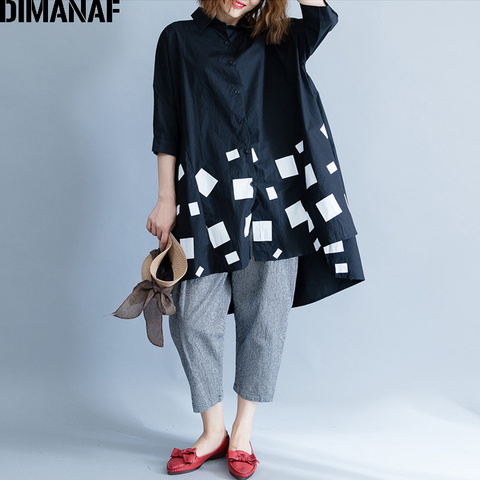 DIMANAF Women Blouse Shirts Long Sleeve Cotton Top Autumn Femme Lady Large Loose Clothing Print Spliced Pleated Plus Size Black ► Photo 1/6