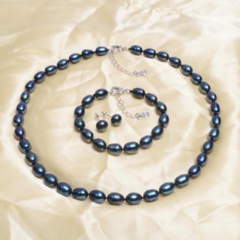 ASHIQI Genuine Natural Pearl Jewelry sets,7-8mm Black Freshwater Pearl Necklace Bracelet Earrings, 925 Sterling silver earrings ► Photo 1/6
