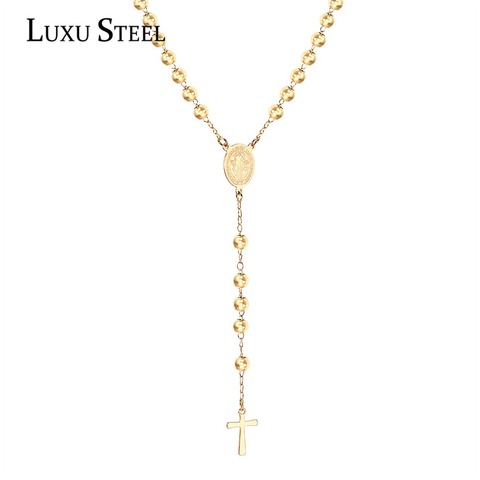 LUXUSTEEL  Beaded Cross Necklace Stainless Steel Length 52cm+7cm Rosary Christian Catholic Religious Jewelry long necklace women ► Photo 1/6