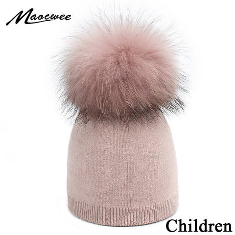 Children's Knit Beanie Hat Dyeing Raccoon Fur Pom Pom Winter Hat Boy Girl Warm Skullies Bone Brand Kids Baby Soft Cap ► Photo 1/6