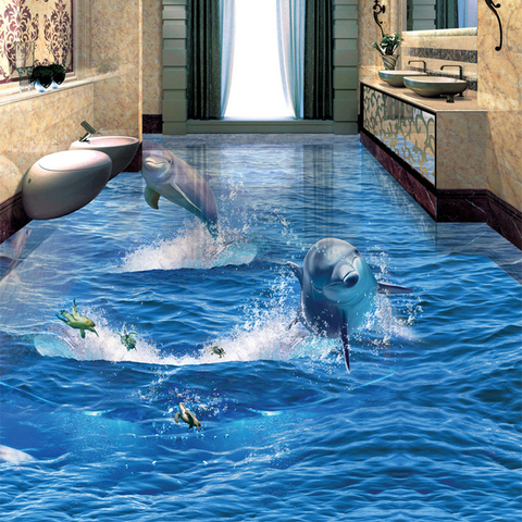 PVC Self Adhesive Waterproof Creative Jumping Dolphin Photo Wallpaper 3D Floor Mural Living Room Bathroom Wear Non-slip Stickers ► Photo 1/6