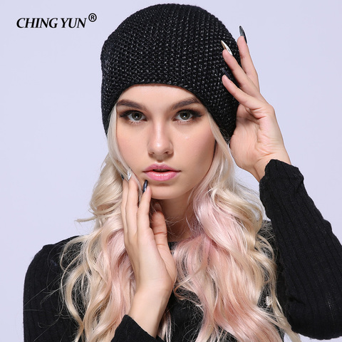 CHING YUN 2022 winter Knitted Skullies Warm hats for women Cashmere knit beanie hat female wool Fluffy lining Silver plated yarn ► Photo 1/6