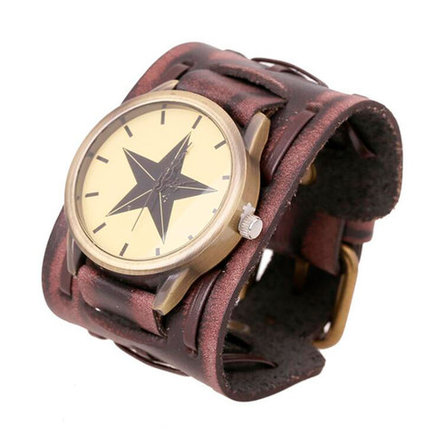 Hot Retro Wide Cow Leather Bracelet Watch Vintage Men Wrist Watches Casual Big Star Quartz Watch Clock Relogio reloj DropShip ► Photo 1/6