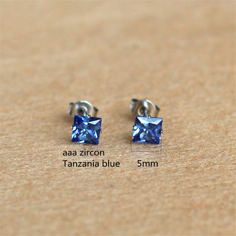 Titanium Stud Earrings With 5mm AAA Tanzania Blue Square Zircons 316 L Stainless Steel No Fade No Allergy ► Photo 1/3