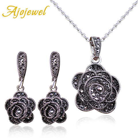 Ajojewel Brand Parure Bijoux Elegant Crystal Rose Flower Necklace Earrings Black Vintage Jewelry Sets For Women ► Photo 1/6