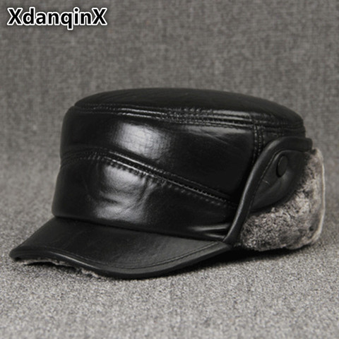 XdanqinX Genuine Leather Men's Winter Hats Plus Velvet Thick Fur Warm Sheepskin Military Hat With Ears Windproof Dad's Flat Cap ► Photo 1/6