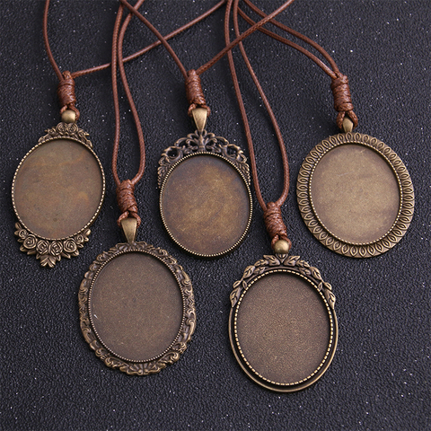 1pcs Zinc Alloy Antique Bronze 30*40mm Oval Cabochon Settings Blank Cameo Pendant Base Tray With Leather Cord For Jewelry Making ► Photo 1/6