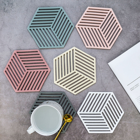 Creative Silicone Coaster Hexagon Hollow Cup Mats Heat-insulated Non Slip Soft Stripe Pad Home Decoration Nordic Simple 1PCS ► Photo 1/6