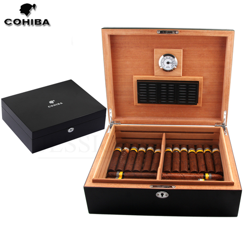 COHIBA Cedar Wood Cigar Humidor Box Puro Case W/ Humidifier Black Cigar Box Humidor Charuto Fit 75 Cigars - Price & Review | AliExpress Seller Jesscia Gift Shop | Alitools.io