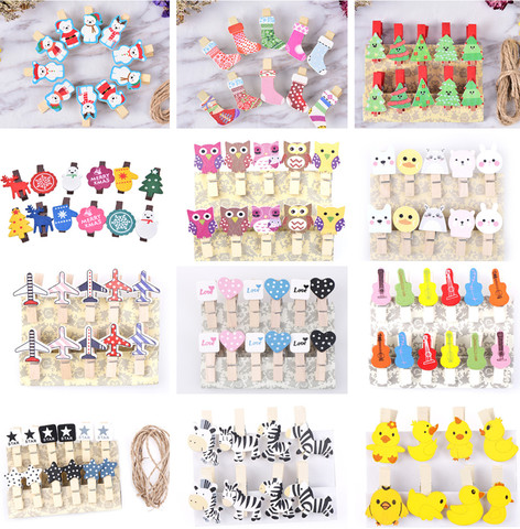 8/10/12 Pcs Mini Natural Wooden Photo Clips Christmas Snowman Duck Heart Owl shaped Clips Clothespin Craft Decoration Clips Pegs ► Photo 1/5