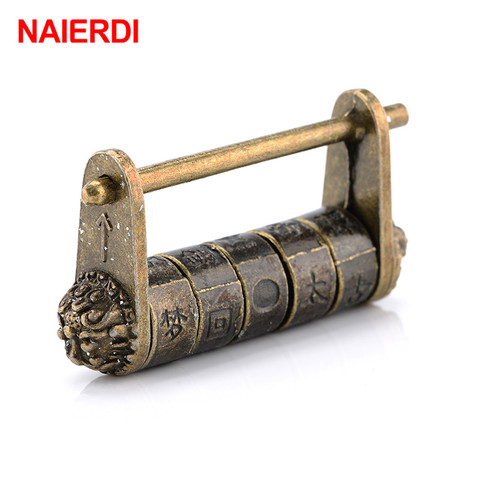 NAIERDI Zinc Alloy Chinese Vintage Antique Bronze Keyed Padlock Retro Combination Password Lock Jewelry Box Padlock 50*28mm ► Photo 1/6