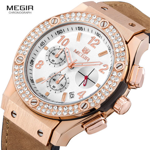 Megir Luxury Brand Design Ladies Watch Women Gold leather silicone Bracelet rhinestone Crystal Diamond Quartz Watch Clock Women ► Photo 1/6
