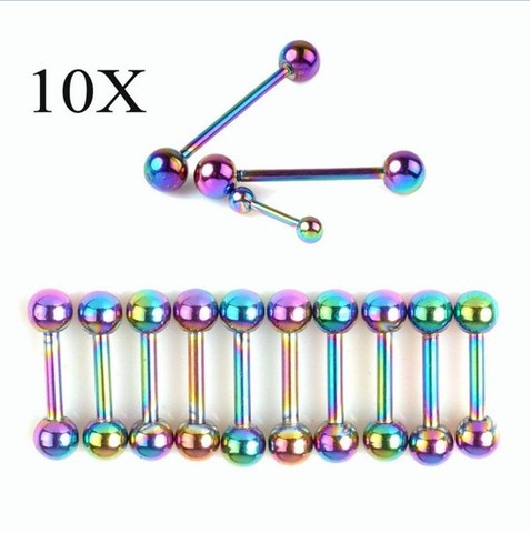 10pc Wholesale Stainlessl Steel Titanium Anodized Tongue Bar Rings Body Jewellery ► Photo 1/6