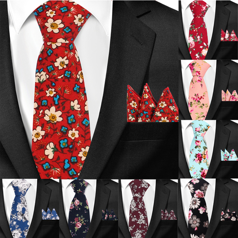 New Casual Floral Cotton Ties And Pocket Square Sets Flower Print Skinny Necktie For Men Mens Neck Tie Cravat 6cm Slim Neckties ► Photo 1/6