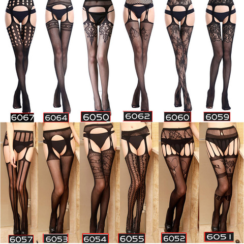 Women Sexy Lingerie Hollow Out Tights Lace Stockings Female Thigh High Fishnet Embroidery Transparent Pantyhose Stripe Stockings ► Photo 1/6