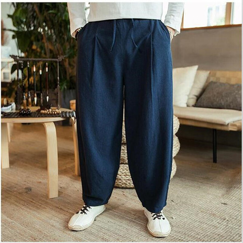 Large Size 6XL 7XL Men's Wide Leg Pants Cotton Linen Loose Harem Pants Summer Pure Trousers Male Loose Pants Drawstring ► Photo 1/5