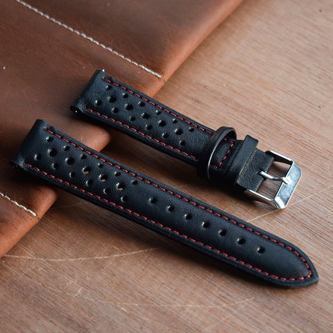 Genuine Leather Strap For Watch Band Belts 18mm 20mm 22mm 24mm Handmade Hollow Watchband Black Red White Stitching Line KZH01 ► Photo 1/6