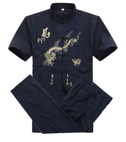 Chinese Men Cotton Kung Fu Suit Embroidery  Wu Shu Uniform Tai Chi Clothing Short Sleeve Shirt+Pant M L XL XXL XXXL MS013 ► Photo 1/6