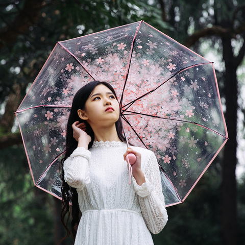 New Arraive Transparent Three Fold Cherry Clear Umbrella Female Umbrellas PVC Women Rain Japanese Cherry Blossoms parapluie ► Photo 1/5