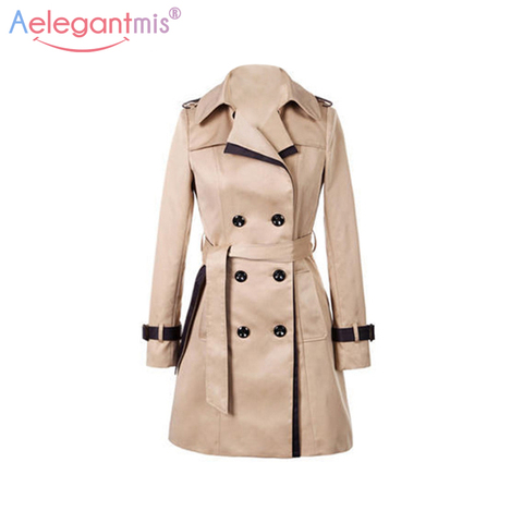 Aelegantmis 2022 Autumn Women Double Breasted Long Trench Coat Khaki With Belt Classic Casual Office Lady Business Outwear Fall ► Photo 1/6