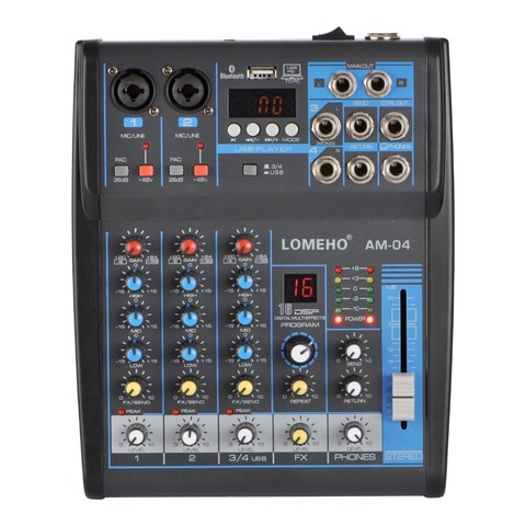 LOMOEHO AM-04 2 Mono + 1 Stereo 4 Channels Bluetooth USB 48V Phantom Professional  DJ Audio Mixer ► Photo 1/6