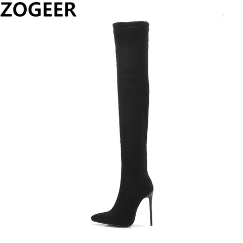 Thigh High Boots Women Autumn Spring Sexy Over the Knee Boots Stretch Flock High Heel Long Shoes Woman Big Size 45 47 Black Grey ► Photo 1/6