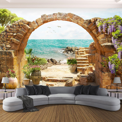 Custom Wall Mural Wallpaper Garden Stone Arches Sea View 3D Photo Wallpaper For Living Room Sofa Bedroom Backdrop Large Murals ► Photo 1/5