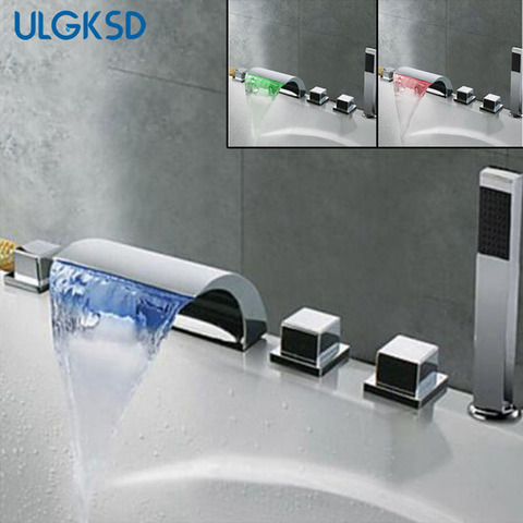 Ulgksd 5 pcs Bathtub Faucet LED waterfall spout Mixer Taps Chrome Brass Bathroom Shower Faucet with Handshower ► Photo 1/6