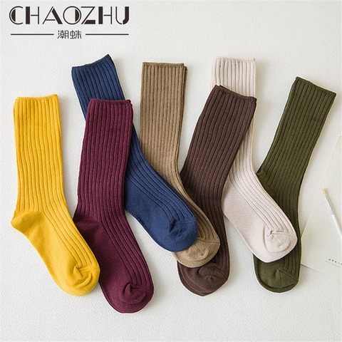 CHAOZHU 2022 New Loose Socks Women 200 Needles Cotton Knitting Rib Solid Colors 14 Kinds of 4 Seasons Basic Daily Women Socks ► Photo 1/6