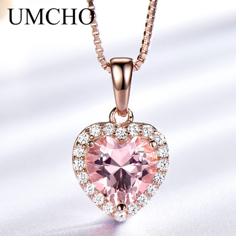 UMCHO Solid 925 Sterling Silver Pendants Necklaces For Women Rose Pink Morganite Charm Heart Pendant For Girl Gift Fine Jewelry ► Photo 1/5