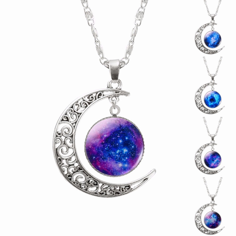 Galaxy Planet Star Glass Cabochon Pendant Necklace Crescent Moon Jewelry Silver Plated Chain Necklace Women Friend Best Gifts ► Photo 1/1