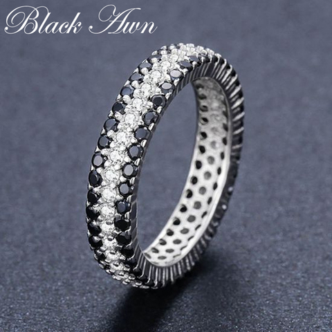 [BLACK AWN] Vintage 925 Sterling Silver Finger Ring Black Spinel Round Engagement Rings for Women Sterling Silver Jewelry C443 ► Photo 1/6
