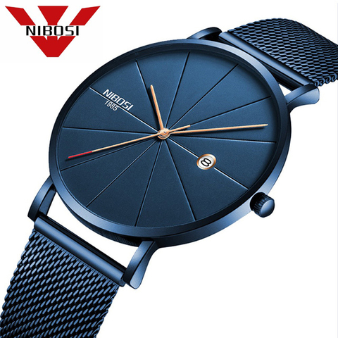 NIBOSI Men Blue Stainless Steel Ultra Thin Watches Men Classic