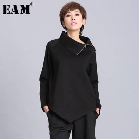 [EAM] 2022New Spring Summer  Black Asymmetric Turtleneck Collar Full Sleeve Casual Zipper Women Fashion Tide Loose OA882 ► Photo 1/6