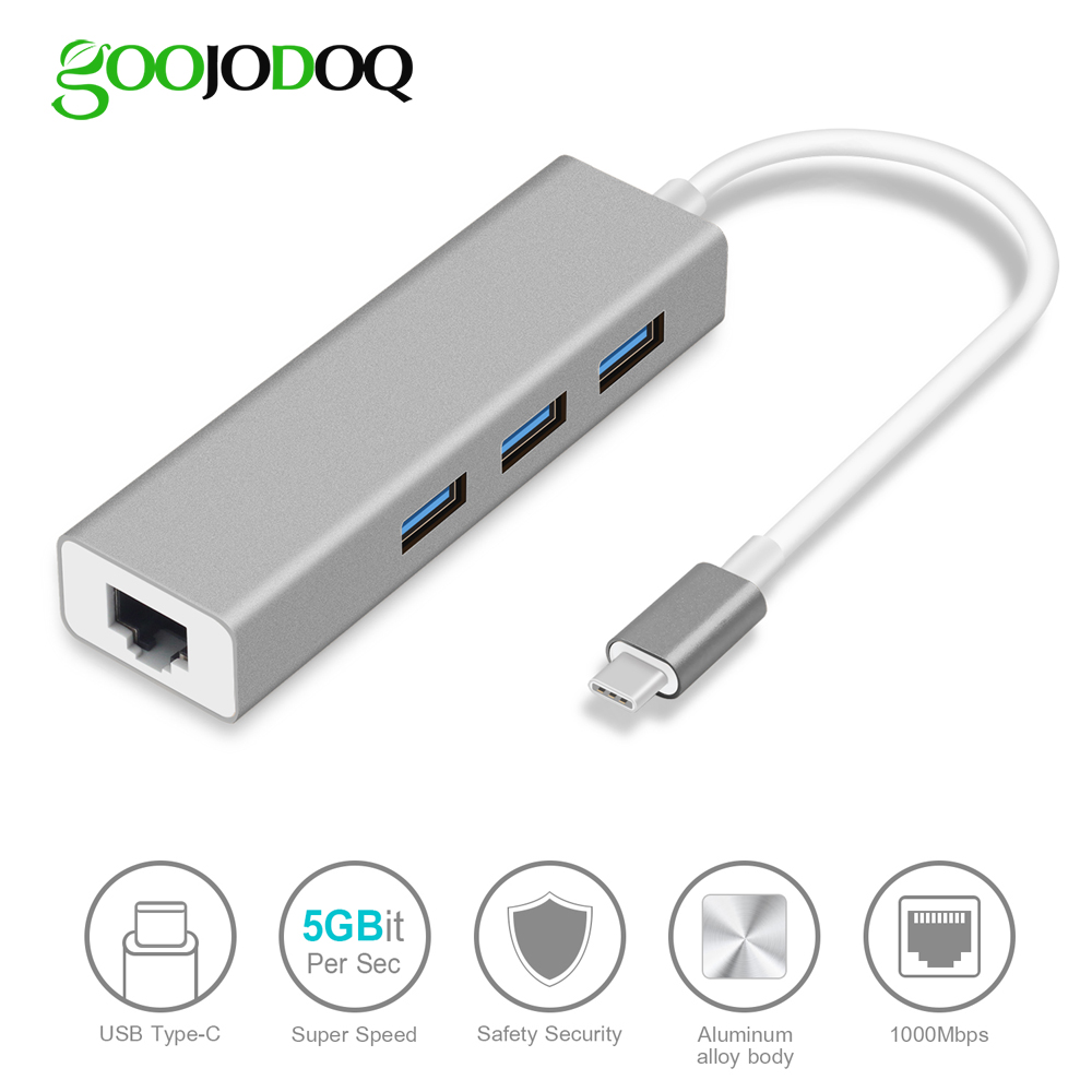 USB to Ethernet Adapter Type C USB 3.1 USB Ethernet with 3 Port USB HUB 2.0  RJ45 Lan Network Card for Mac iOS Android PC RTL8152 USB 2.0 HUB