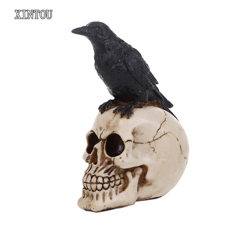 Moquerry Resin Skull Craft Statues Human Skull With Black Bird Crow Figurines Sculptures Home Decor Accessories Art Ornaments ► Photo 1/5