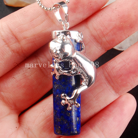 Free Shipping Beautiful jewelry 15x41mm Genuine Lapis Lazuli Frog amplected column Pendant Necklace with Chain  PC3872 ► Photo 1/3