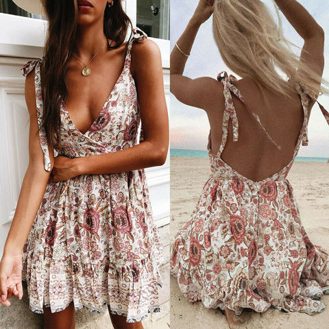 Women Summer Off Shoulder Backless Printed Dress Beach Short Sundress ► Photo 1/6