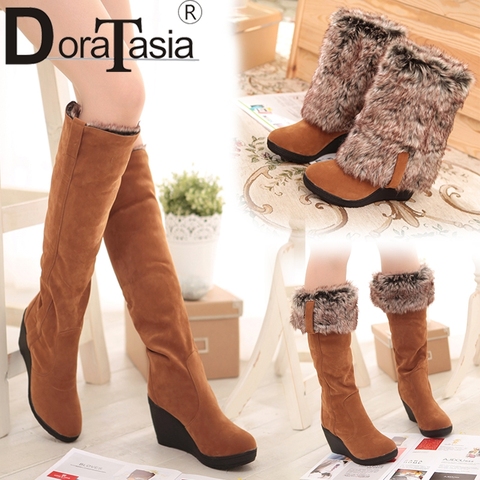 DoraTasia 34-43 Winter 3 Styles Fur Boots Ladies High Heels Platform Knee High Snow Boots Women 2022 Warm Fur Wedge Shoes Woman ► Photo 1/6