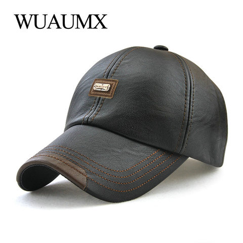 Wuaumx Brand Fall Winter PU Leather Baseball Caps For Men Dad Hat Black Bone Snapback Hip Hop Cap Adjustable Casquette gorras ► Photo 1/6