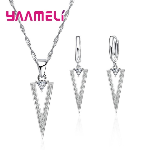 Women 925 Sterling Silver Wedding Engagement Jewelry Sets With CZ Zircon Fashion Traingle Pendant Necklace Earring Set ► Photo 1/6