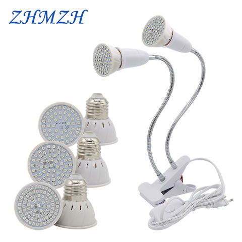 E27 LED Plant Growing Lamp Bulb 110V 220V Flexible Two Head Clip Grow Lamp 60 80LEDs Base Hydroponic Growth Lights Full Spectrum ► Photo 1/6